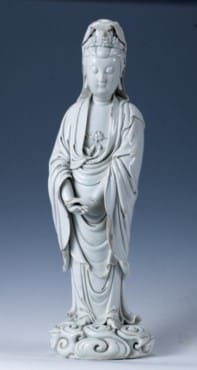 White Glazed Standing Guanyin Statue with Auspicious Clouds by He Chaozong